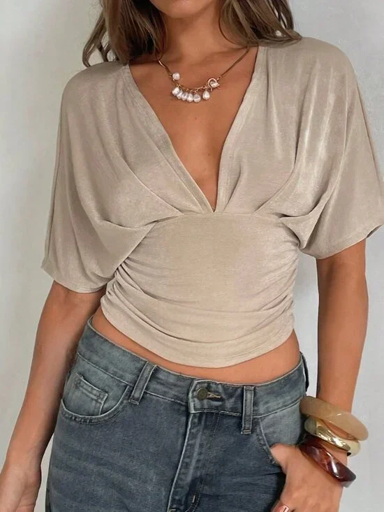 Khaki Sexy Women's Deep V Ruched Short Sleeve Tight Fitted T-Shirt - Picture 4 of 6